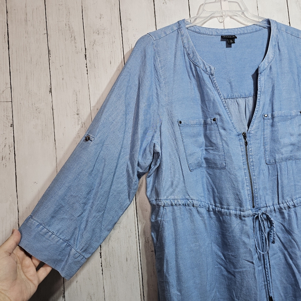 Torrid Women's Blue Chambray Split Neck Zip Roll Tab Sleeves Dress Size 0X Large - Picture 6 of 11